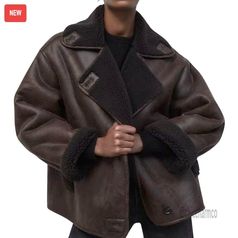 Oversized Faux Suede Moto Jacket Sherpa Lined Winter Biker Coat Y2K Retro